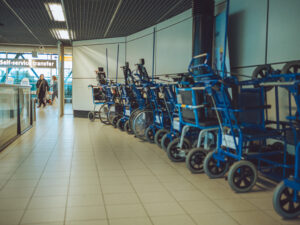 rolstoelen opgestapeld in schiphol